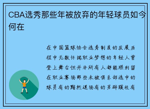 CBA选秀那些年被放弃的年轻球员如今何在